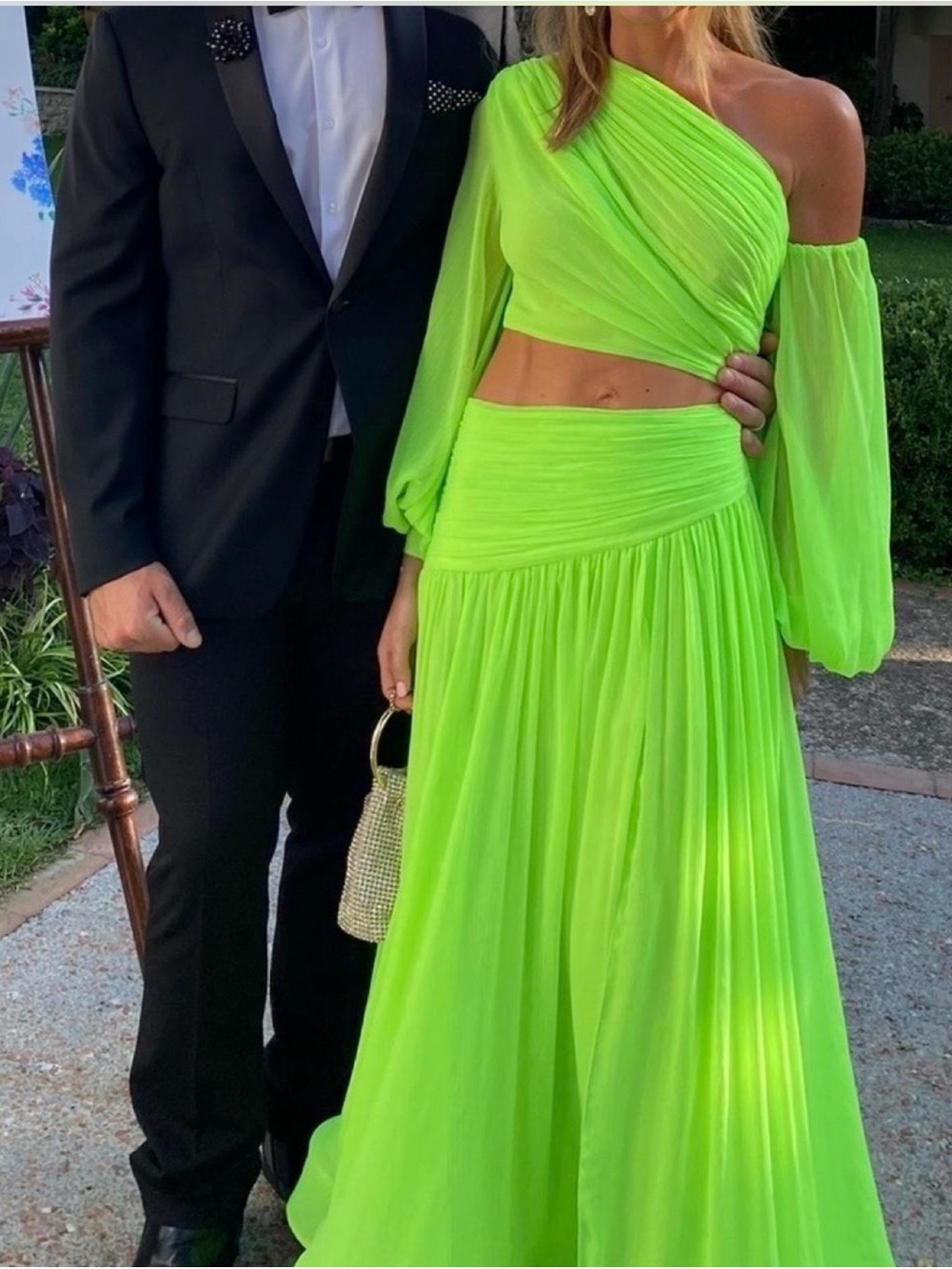 Bronx and Banco Neon Lime One-Shoulder Pleated Maxi Set